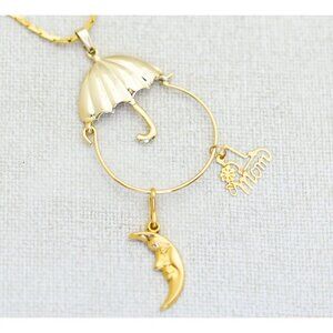 24 inch, Vintage Gold Tone Mother Love Moon Umbrella Necklace - J1